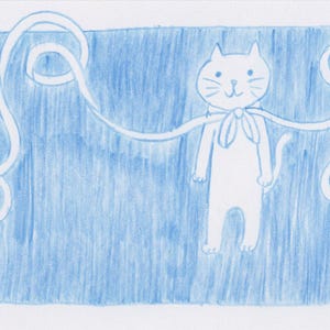 Illustrazione originale unica nel suo genere - Un gatto blu con un nastro infilato - Arte - Cartolina - Biglietto di auguri - Cartolina illustrata - Disegnata a mano - Originale - Illustrazione di gatto - Cartolina carina