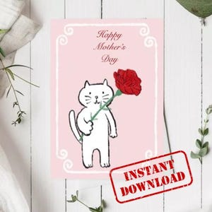 母の日のポストカード・母の日をお祝いする猫さん・グリーティングカード・絵はがき・手描き・オリジナル・猫のイラスト・かわいいポストカード・デジタルダウンロード・メッセージカード