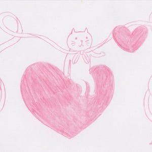 Illustrazione originale unica nel suo genere - Un gatto che cavalca un cuore con un nastro - Arte - Cartolina - Biglietto di auguri - Cartolina illustrata - Disegnata a mano - Originale - Illustrazione di gatto - Cartolina carina