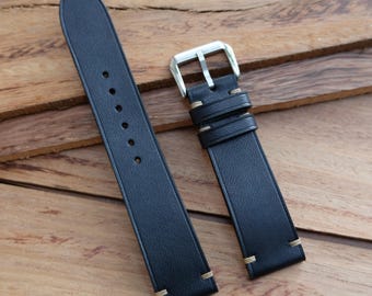 Handgefertigtes Uhrenarmband aus schwarzem pflanzlich gegerbtem Leder: Personalisieren, benutzerdefiniert, alle Größen