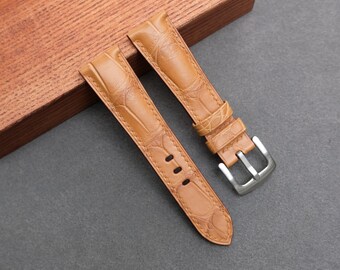Bracelet de montre en cuir d'alligator marron doré. Personnalisez, toutes les tailles