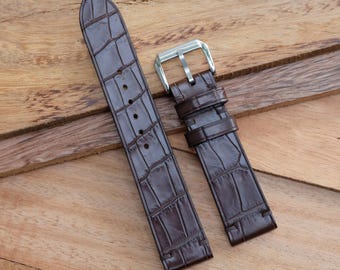 Bracelet de montre en cuir d'alligator brun du Viet Nam. Personnalisez, sur mesure. Toutes les tailles