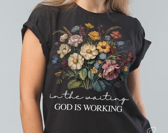 Dans l'attente de Dieu travaille PNG, PNG chrétien, Christian Floral Design, citation inspirante en téléchargement numérique, fichier de sublimation