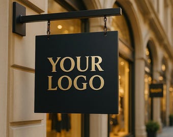 Peut inclure: Une enseigne carrée noire suspendue fixée à un mur beige avec un bras et des chaînes en métal noir. L'enseigne présente le texte doré "YOUR LOGO" centré sur la face avant. L'enseigne est positionnée perpendiculairement à la façade du bâtiment.