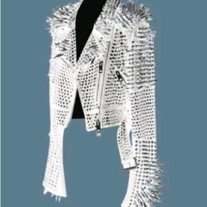 New Men&#39;s Handmade White Punk Silver Long Spiked Studded Genuine Leather Jacket