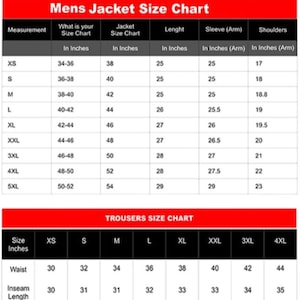 Pu&ograve; includere: Tabella delle taglie per giacche e pantaloni da uomo, con misure in pollici. La tabella delle giacche include taglie dalla XS alla 5XL, con misure di petto, lunghezza, manica e spalle. La tabella dei pantaloni elenca vita e lunghezza interna gamba.