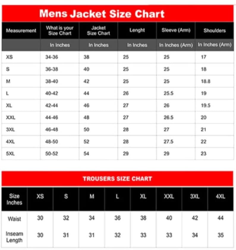 Pu&ograve; includere: Tabella delle taglie per giacche e pantaloni da uomo, con misure in pollici. La tabella delle giacche include taglie dalla XS alla 5XL, con misure di petto, lunghezza, manica e spalle. La tabella dei pantaloni elenca vita e lunghezza interna gamba.
