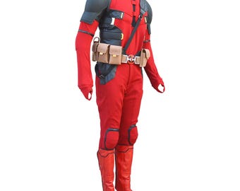 May include: A full-body red and black tactical costume featuring a fitted red jumpsuit with black shoulder armor, knee pads, and red shin guards. A tan utility belt with multiple pouches and a central circular buckle is worn around the waist.