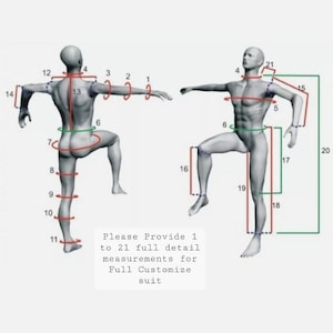 Pu&ograve; includere: Diagramma che illustra le misure del corpo per un abito su misura. L'immagine mostra due figure con linee numerate che indicano i punti di misurazione. Il testo recita: "Si prega di fornire da 1 a 21 misure dettagliate complete per un abito completamente personalizzato."