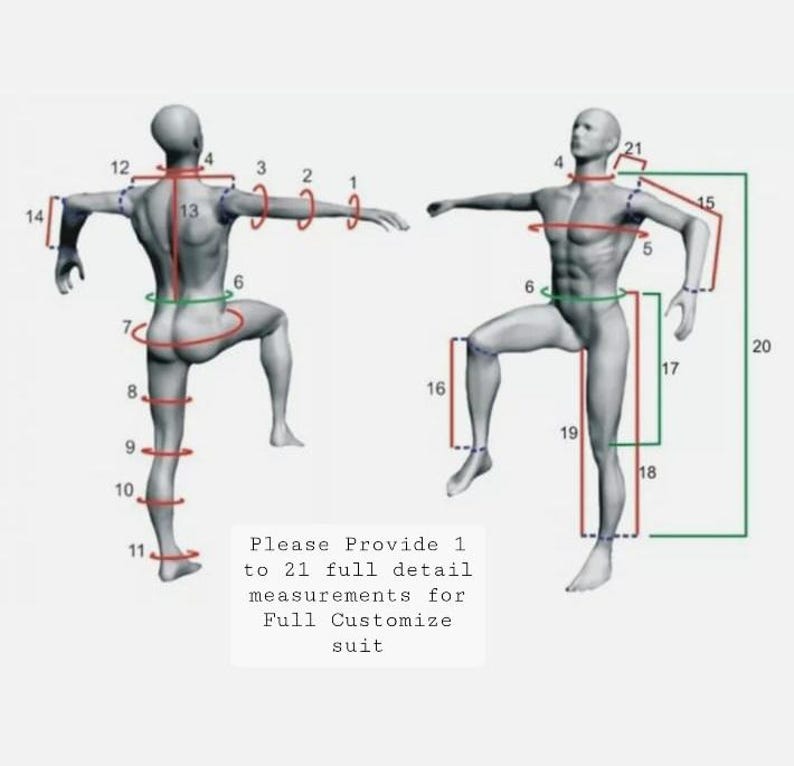 Pu&ograve; includere: Diagramma che illustra le misure del corpo per un abito su misura. L'immagine mostra due figure con linee numerate che indicano i punti di misurazione. Il testo recita: "Si prega di fornire da 1 a 21 misure dettagliate complete per un abito completamente personalizzato."