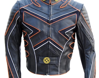 May include: Black leather jacket with orange and white detailing. It has a stand-up collar, zip fastening, and decorative stitching. The jacket features a geometric design with the letter "X" on the chest and shoulders. A stylish outerwear item.