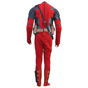 May include: A red and black costume with a utility belt and shoulder strap. The costume has padded shoulders and knee pads. The boots are red with black and gold accents. This cosplay outfit is designed to resemble a comic book character.