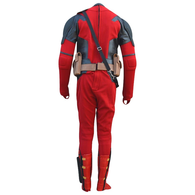 May include: A red and black costume with a utility belt and shoulder strap. The costume has padded shoulders and knee pads. The boots are red with black and gold accents. This cosplay outfit is designed to resemble a comic book character.