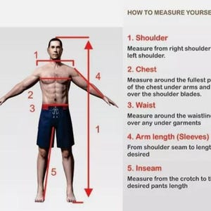 May include: Diagram illustrating how to measure the body for clothing. A man in blue shorts is shown with red lines indicating measurements for shoulder, chest, waist, arm length, and inseam. Text explains each measurement.