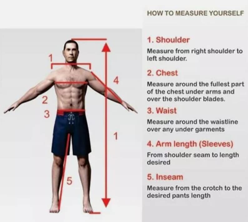 May include: Diagram illustrating how to measure the body for clothing. A man in blue shorts is shown with red lines indicating measurements for shoulder, chest, waist, arm length, and inseam. Text explains each measurement.