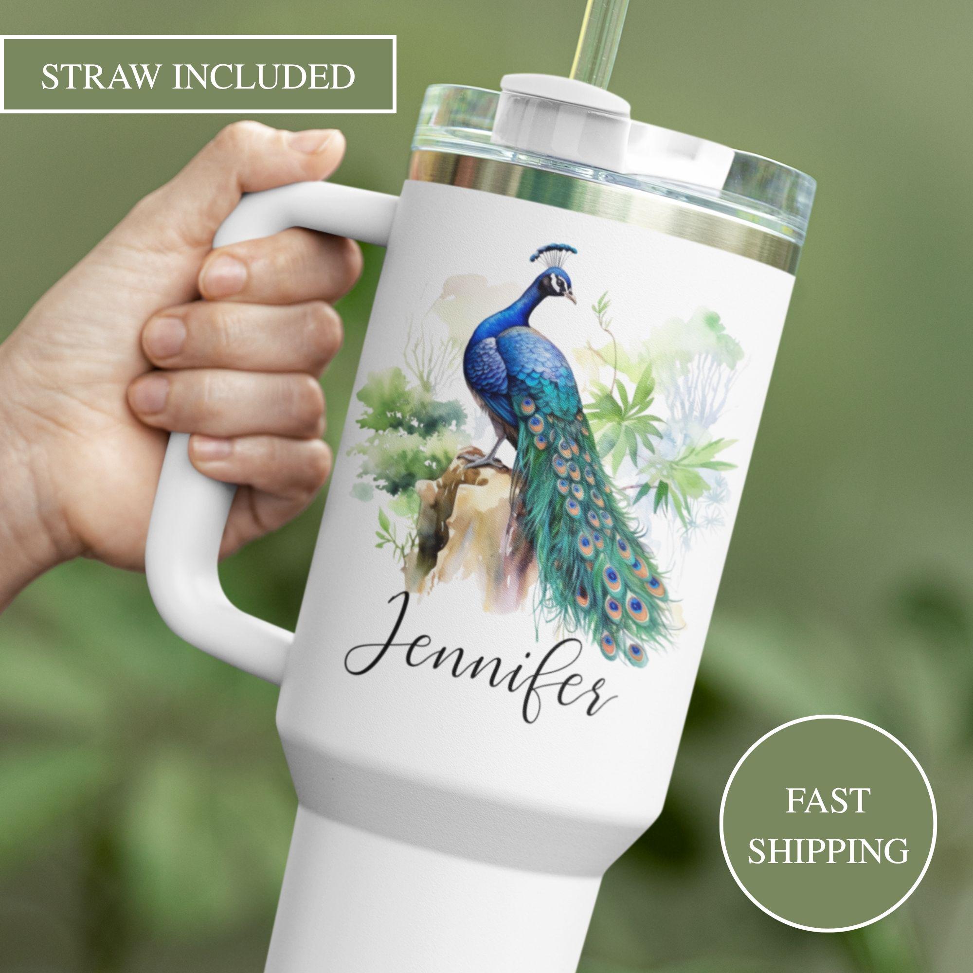 Personalized Peacock Tumbler With Handle 40oz, Custom Peacock Travel Mug Gift For Peacock Lover, Peacock Coffee Cup, Peacock Bird Lover Gift
