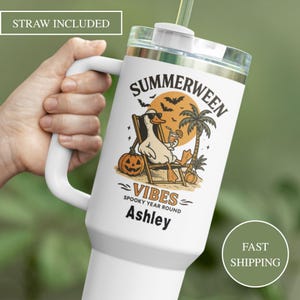 Summerween Tumbler With Handle Straw Lid Summer Halloween, Summerween Vibes Beach Travel Mug, Halloween lover Gift Pumpkin Spooky Cup 40 oz.