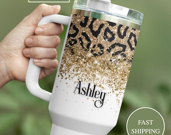 Vaso personalizado con estampado de guepardo y purpurina, con asa y tapa con pajita, 1,18 litros (40 oz), taza de viaje isotérmica con estampado de leopardo, regalo para mujer, su cumpleaños.