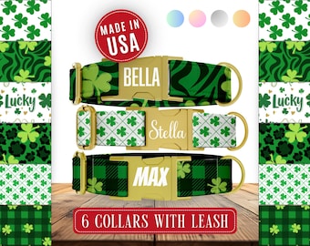May include: Three personalised dog collars with gold-coloured buckles, featuring names like "Bella", "Stella", and "Max". The collars showcase various green patterns, including shamrocks and plaid, with a "Made in USA" label.