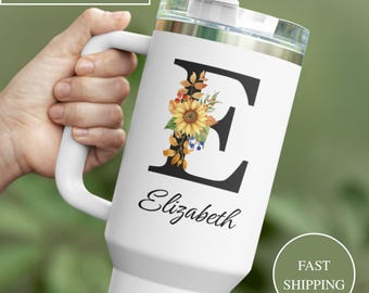 Personalized Initial Tumbler With Handle 40oz Custom Letter Sunflower Monogram Tumbler with Name Gift Travel Mug Vacation Bridesmaid Tumbler