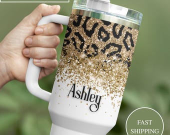Personalized Cheetah Print Glitter Tumbler With Handle And Straw Lid 40oz Leopard Print Insulated Travel Mug Gift For Women Her Birthday Cup