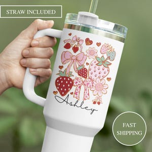 Personalized 40oz. Tumbler With Handle And Straw Lid Strawberry Coquette Glitter, Cute Pink Insulated Travel Mug Gift For Women Her Birthday