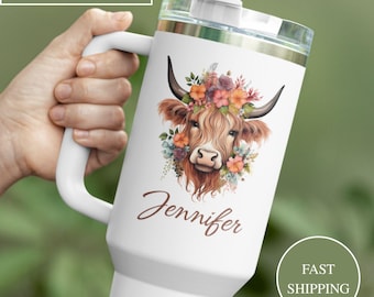 Personalized Highland Cow Tumbler With Handle 40oz, Custom Highland Cow Travel Mug Gift For Highland Cow Lover, Baby Highland Cow Coffee Cup