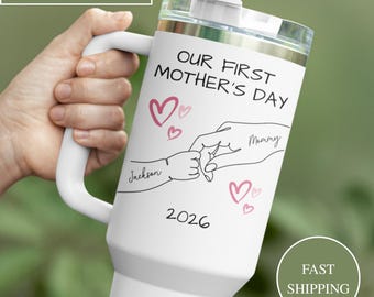 First Mothers Day Gifts For New Mom, Personalized 1st Mothers Day Gifts For Mom Tumbler With Handle 40oz, Our First Mother’s Day Travel Mug