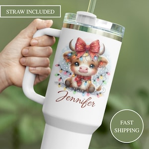 Highland Cow Christmas Tumbler, Personalized Highland Cow Christmas Gift, Christmas Holiday Highland Cow Tumbler With Handle 40oz Travel Mug