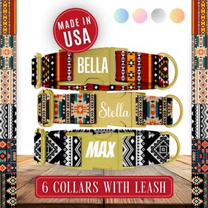 May include: Three personalized dog collars with gold buckles, each displaying a name: Bella, Stella, and Max. The collars feature colorful Southwestern-inspired patterns. The image also shows six different collar designs and the text "Made in USA".