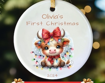 Baby's First Christmas Highland Cow Ornament For Girls - Babys 1st Christmas Ornament 2025 Hyland Cow With Name And Year - Keepsake For Baby