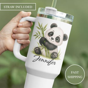 Panda Tumbler With Handle 40oz., Personalized Panda Travel Mug Gift For Panda Lover, Custom Panda Coffee Cup, Panda Gifts Tumbler, Panda Cup
