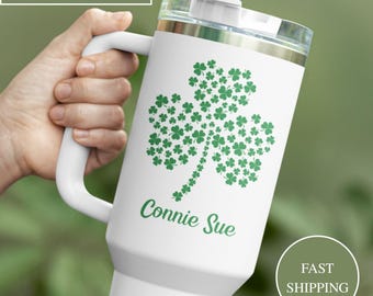 Shamrock Tumbler With Handle Lucky Clover Leaf, St. Patrick's Day Travel Mug Irish Gift, Personalized Shamrock Mug Lucky Day Coffee Cup 40oz