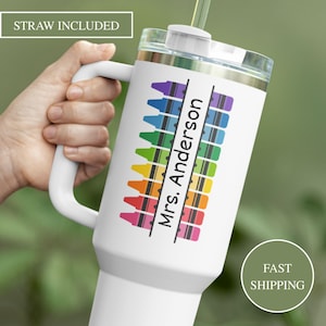 Crayon Colors Art Teacher Tumbler With Handle 40oz, Personalized Teacher Appreciation Gift For Teacher Travel Mug Custom Teacher Tumbler Cup
