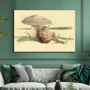 Impressão artística vintage de sapo fumante, estilo vitoriano antigo, Theodorus van Hoytema, animais engraçados, cartão postal de sapo antropomórfico, pintura kitsch de sapo