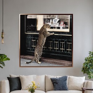 Black and White Panther in 1950s Jewelry Shop – Vintage Fashion Canvas Wall Art, Elegant Retro Animal Photography Print