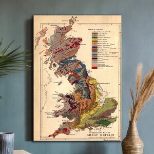 Mapa geológico del Reino Unido - Lienzo decorativo - Mapa mural vintage de Gran Bretaña - Póster de viaje antiguo - Impresión de mapa histórico para decoración del hogar