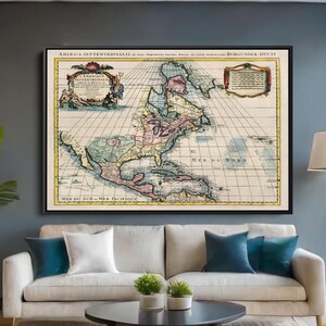 Impresión de mapa vintage de América del Norte del siglo XVII – Arte mural de cartografía francesa antigua – Póster estilo Covens Mortier