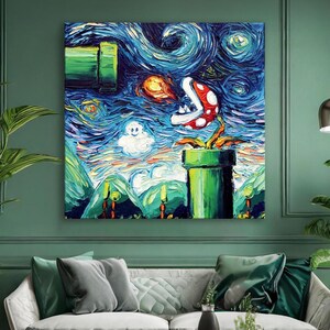 Van Gogh Mario Leinwandkunst, Sternennacht gedruckt, Mario World Wandkunst, modernes Mario Bros für Wohndekor gedruckt