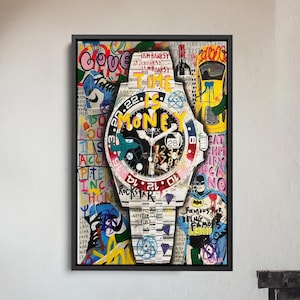 Rolex Times is Money Pop Art Canvas Print – Unique Banksy Graffiti Artwork Poster for Luxury Spaces, Perfect for Car and Sneaker Lovers