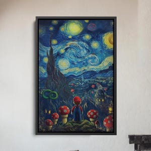 Van Gogh Mario Leinwanddruck, Mario Bros Kunst, Moderne Sternennacht, Mario World Poster, Einzigartige Wohnkultur Leinwand für Gamer & Kunstliebhaber