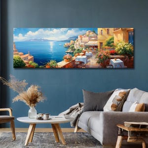 Schöne Italien Küste Ölgemälde Leinwand, Italien Wandkunst, Panorama-Meerblick, gerahmt und fertig zum Aufhängen, Malerische Küsten Kunstdruck