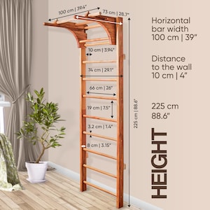 Op de afbeelding: Wandgemonteerde pull-up bar van hout met een ladder. De bar is 100 cm breed en de ladder is 225 cm hoog. De ladder heeft 7 sporten en de afstand tussen elke sport is 19 cm of 7,5 inch.