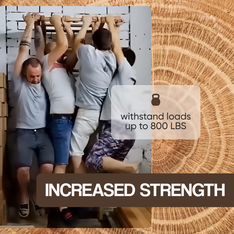Op de afbeelding: Vier mensen hangen aan een houten pull-up bar. De bar is gemonteerd op een bakstenen muur. De tekst "withstand loads up to 800 LBS" is zichtbaar in de afbeelding. De tekst "INCREASED STRENGTH" is zichtbaar onderaan de afbeelding.