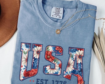 Comfort Colors® Floral USA Shirt, America Shirt, Fourth of July Shirt,4th of July Tee,Patriotic Women Shirt,USA Est 1776 Shirt,Girly USA Tee