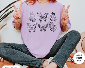 Comfort Colors® Floral Butterfly Shirt, Hippie Butterfly Tees, Butterfly Shirt, Butterfly Lover Gift, Boho Butterfly Shirt, Women Shirt