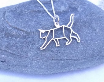 Sterling silver Origami inspired Walking Kitty Pendant