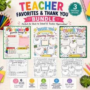 Op de afbeelding: Een digitaal pakket met printbare ontwerpen voor lerarenwaardering, met kleurrijke werkbladen met titels zoals My Teacher's Favorite Things en Thank You For Being An Amazing Teacher. Bevat zes PDF-bestanden in kleur en zwart-wit.