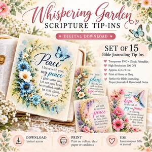 May include: A set of 15 digital Bible journaling tip-ins titled Whispering Garden Scripture Tip-Ins. The cards feature watercolor floral designs, butterflies, a hummingbird, and Bible verses including John 14:27, Jeremiah 29:11, Psalm 4:8, and Romans 15:13.