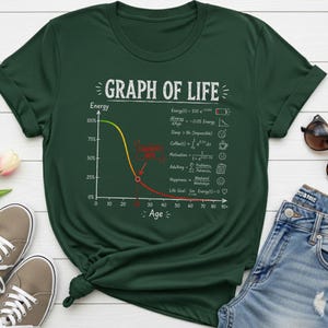 May include: A dark green short-sleeved t-shirt featuring a white graphic titled Graph of Life. The design displays a mathematical energy versus age curve with various equations, icons, and a red arrow pointing to a specific point on the line.
